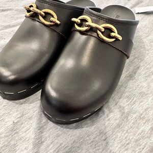 Saint Laurent Black Leather Clog Mules with Gold Chain Accent